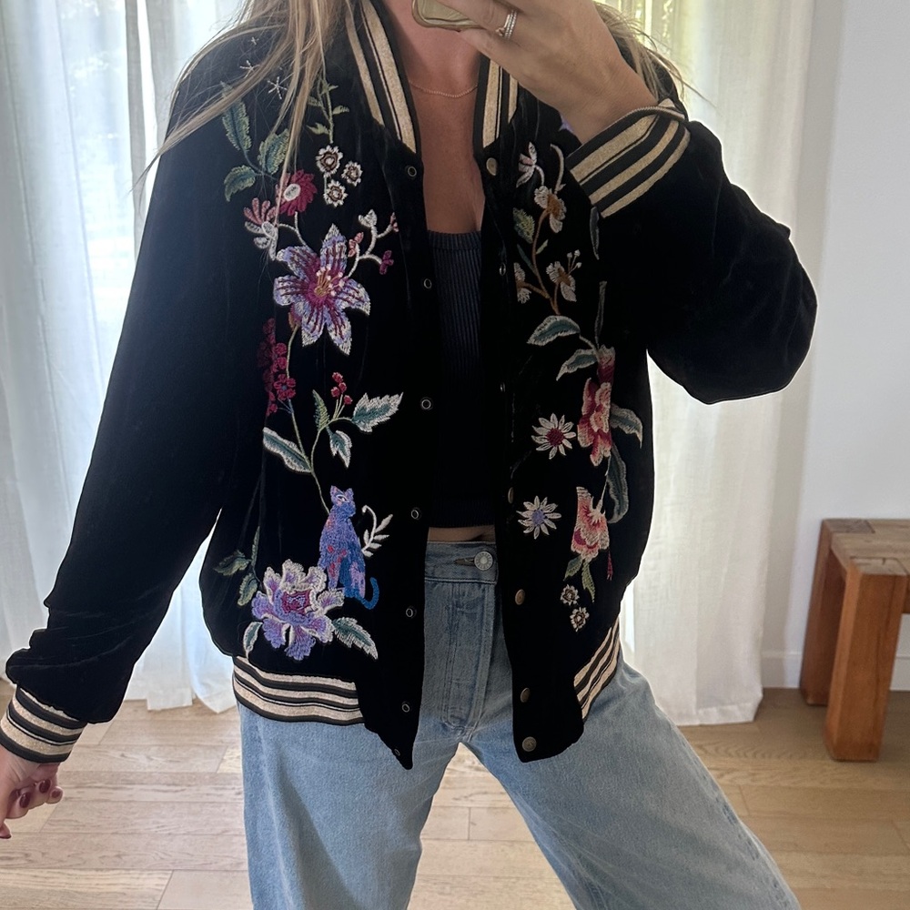 Johnny Was Velvet Floral Embroidered Black Jacket